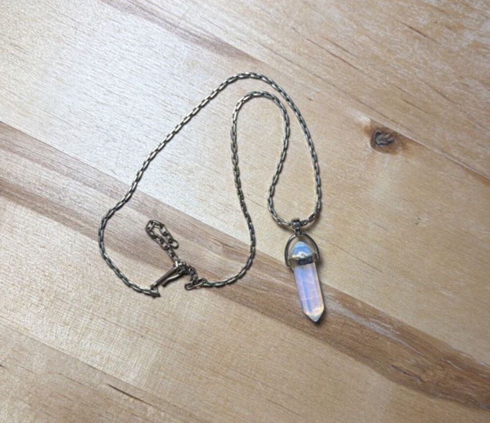 Opalite Point Crystal Pendant Necklace Silver Tone BOHO Whimsygoth Spiritual